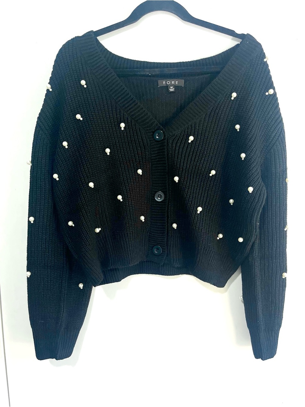NWOT Cropped Black Pearl-Embellished V-Neck Cardigan Sweater